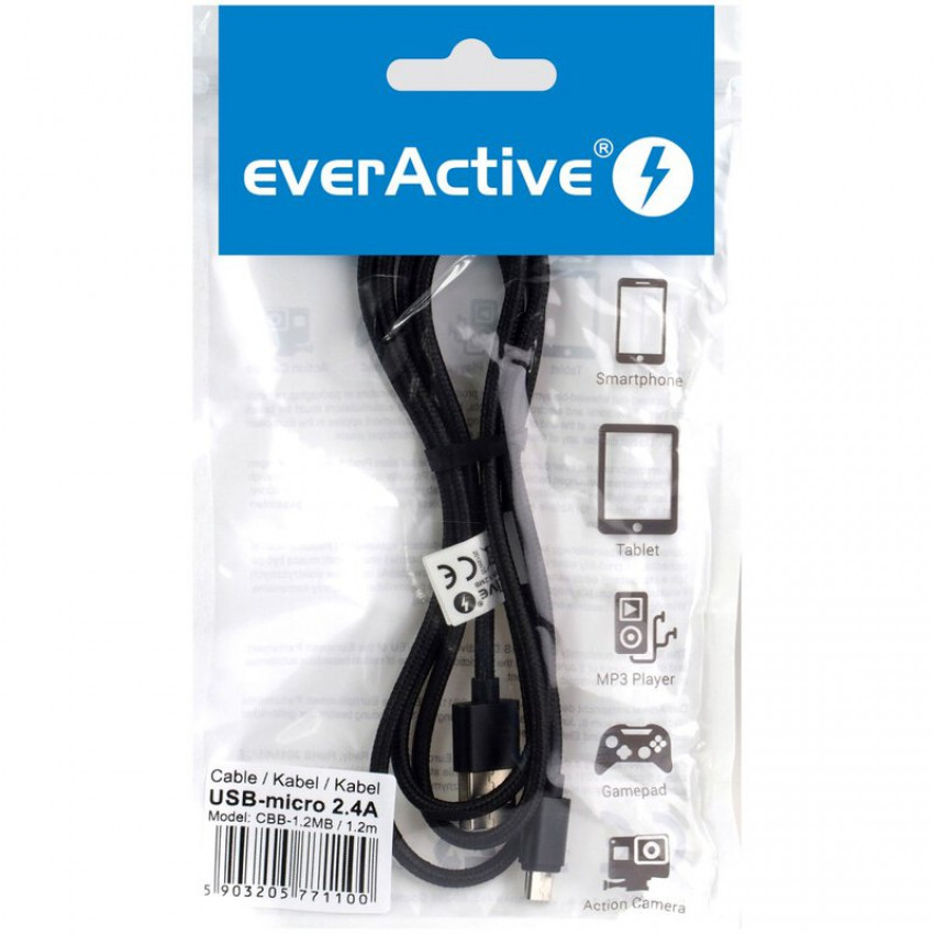 USB opletený kábel - micro USB everActive CBB-1,2MB 120 cm s podporou rýchleho nabíjania až 2,4 A 