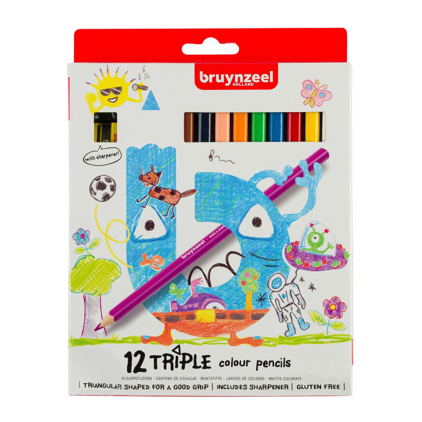 Bruynzeel Kids Triple sada farbičiek, 12ks + strúhadlo