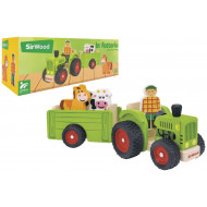 Traktor s vlečkou a dreveným farmárom, koníkom a kravičkou