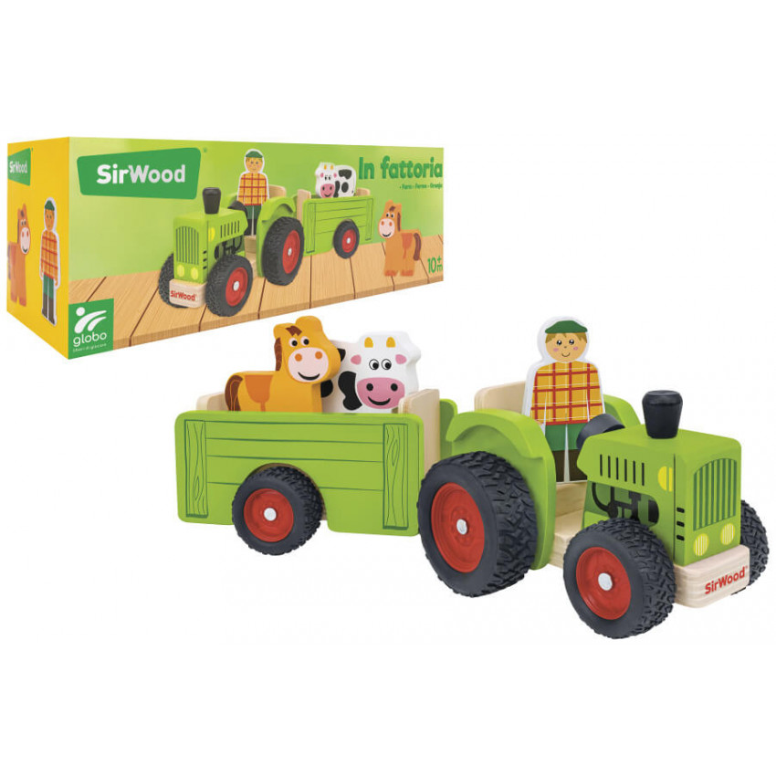 Traktor s vlečkou a dreveným farmárom, koníkom a kravičkou