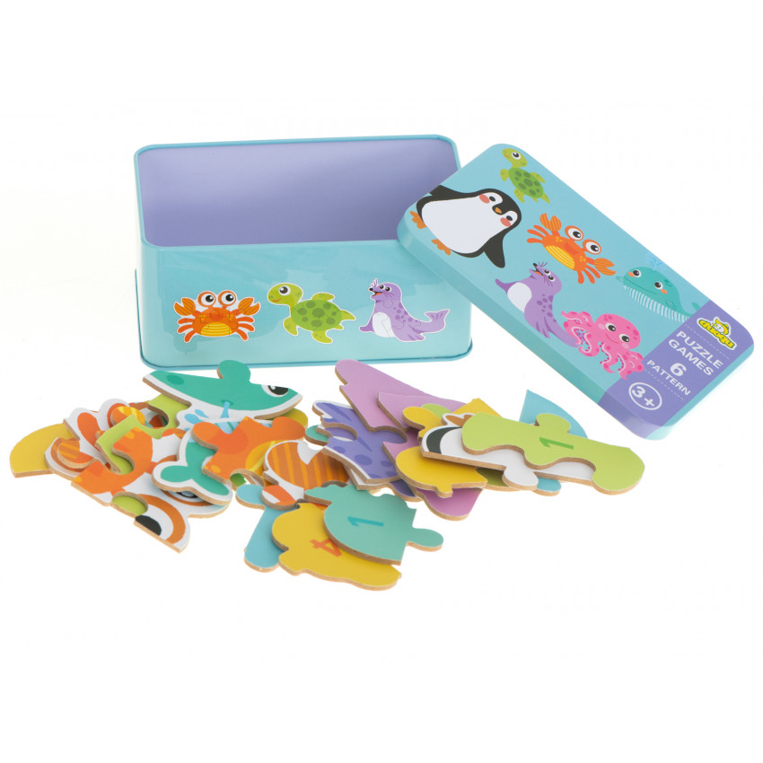 Edukaná hračka morské zvieratá, 25 puzzle, kovový box