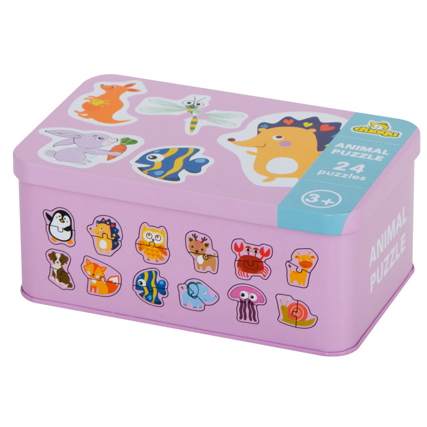 Edukaná hračka lesné zvieratá, 24 puzzle, kovový box