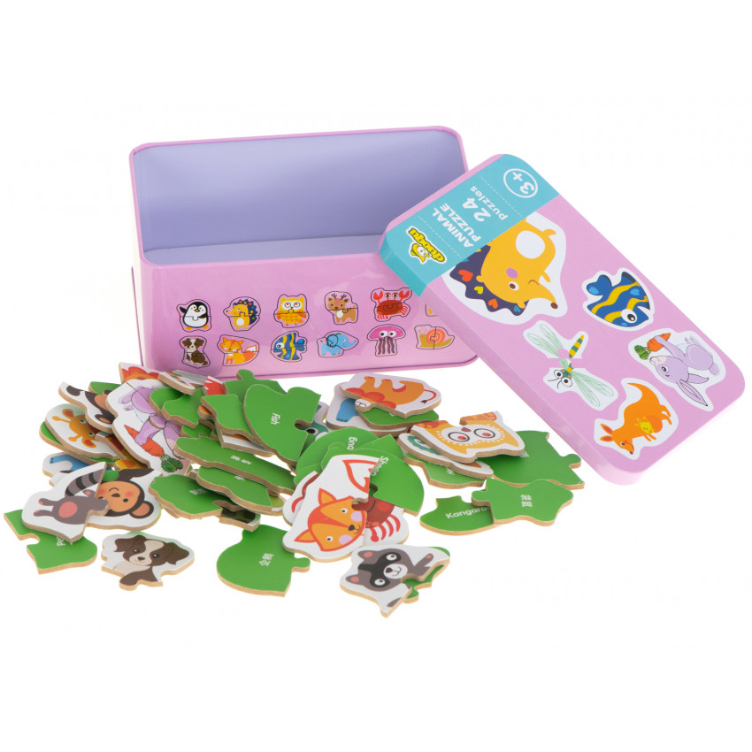 Edukaná hračka lesné zvieratá, 24 puzzle, kovový box