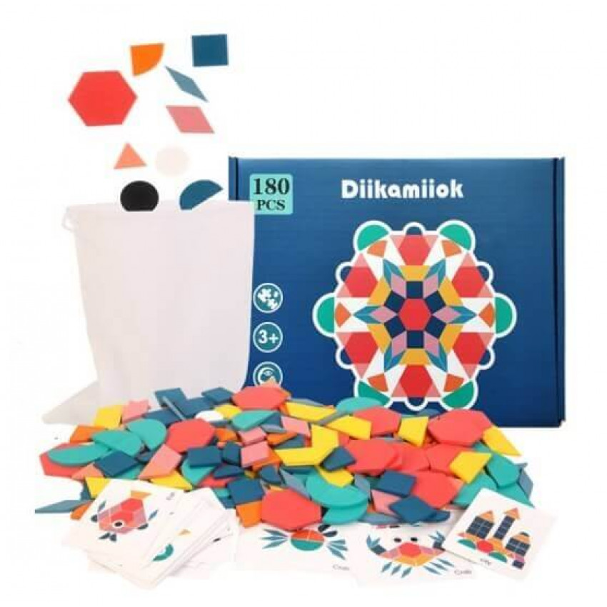 Drevené puzzle MONTESSORI, farebné mozaikové tvary, 180 dielikov