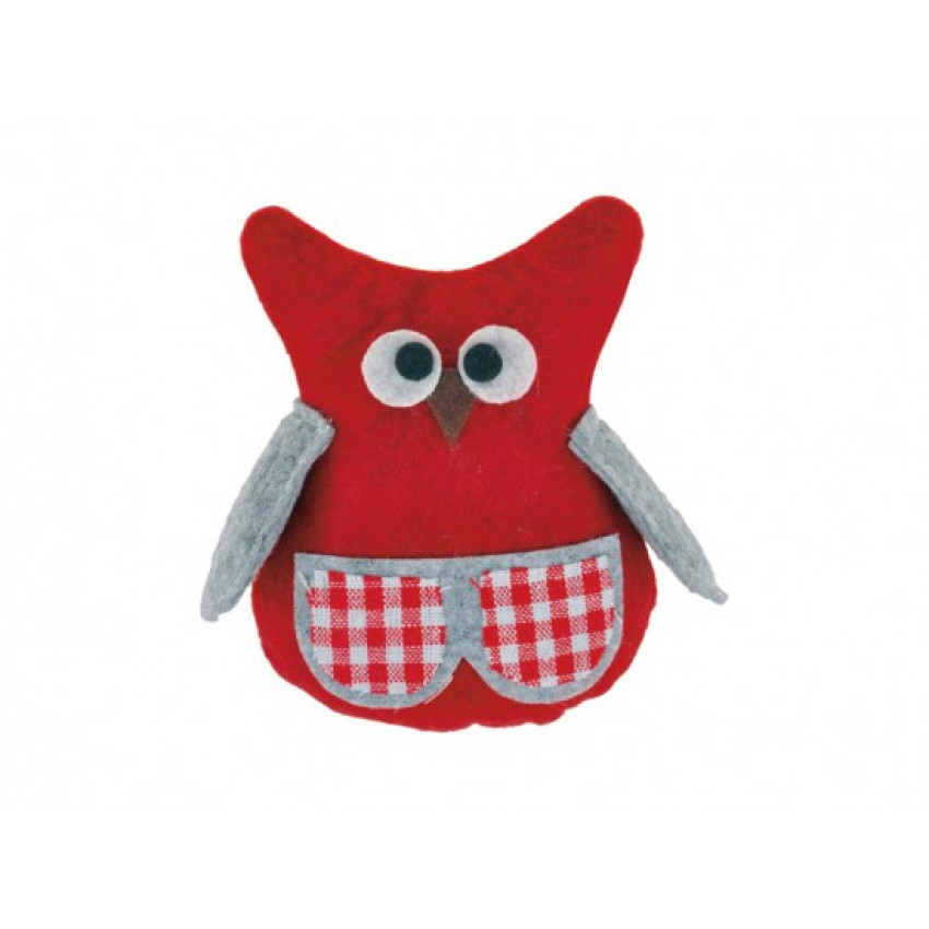 Sova filc 12 cm červená károvaná