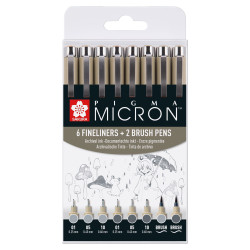 Sakura Micron perá 6 svetlo studená šedá plus 2 Pigma Brush