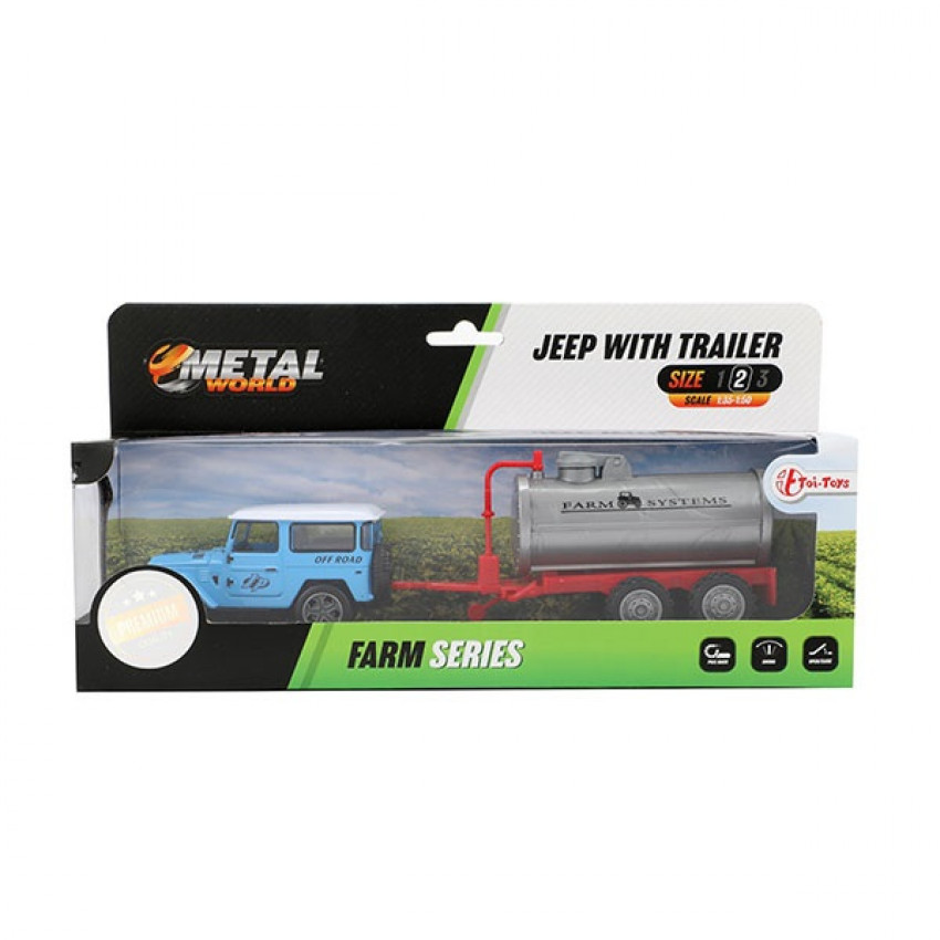 Toi Toys METAL Jeep ťahač + poľnohospodársky príves