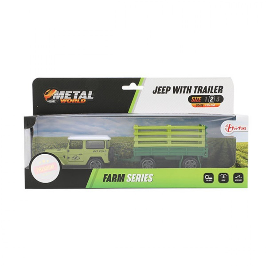 Toi Toys METAL Jeep ťahač + poľnohospodársky príves